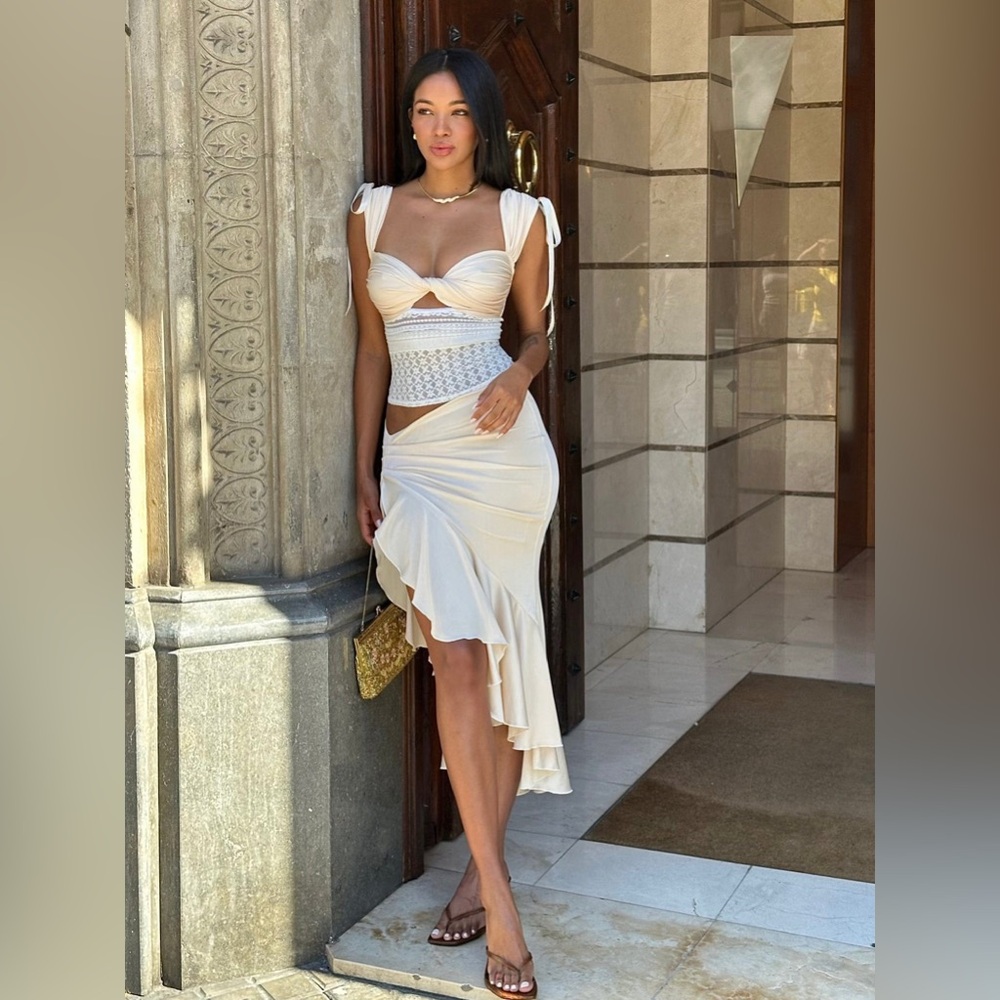 White Lace Crop Top and Skirt Set |Satin & Lace Co-Ord Set | Crop Top & Skirt - Picture 5 of 16